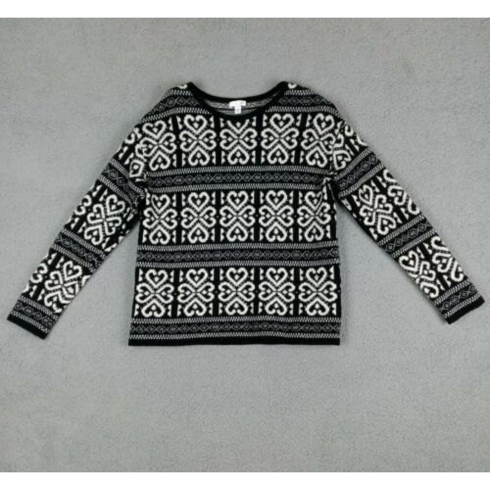 J Jill Size XS Women's Fair Isle Wool Blend Sweater Black White